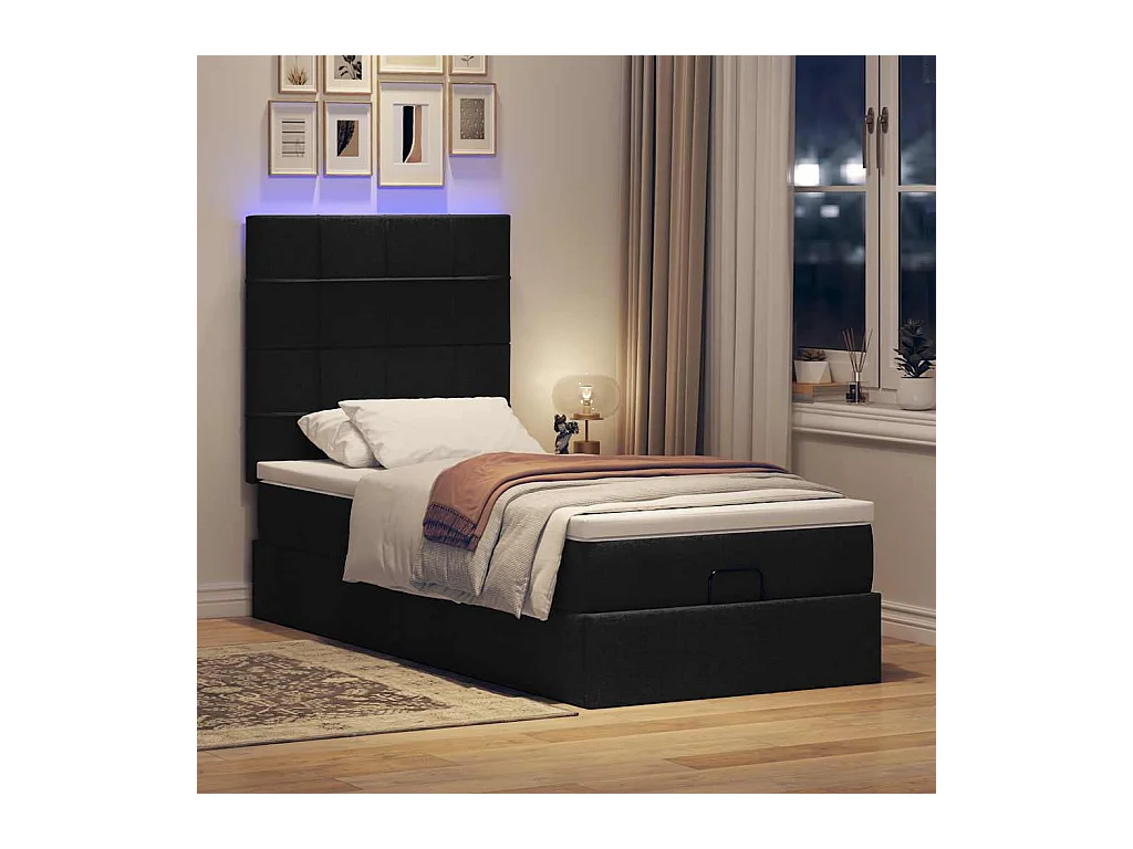 Cama Otomana com colchão & LEDs 80x200cm tecido preto