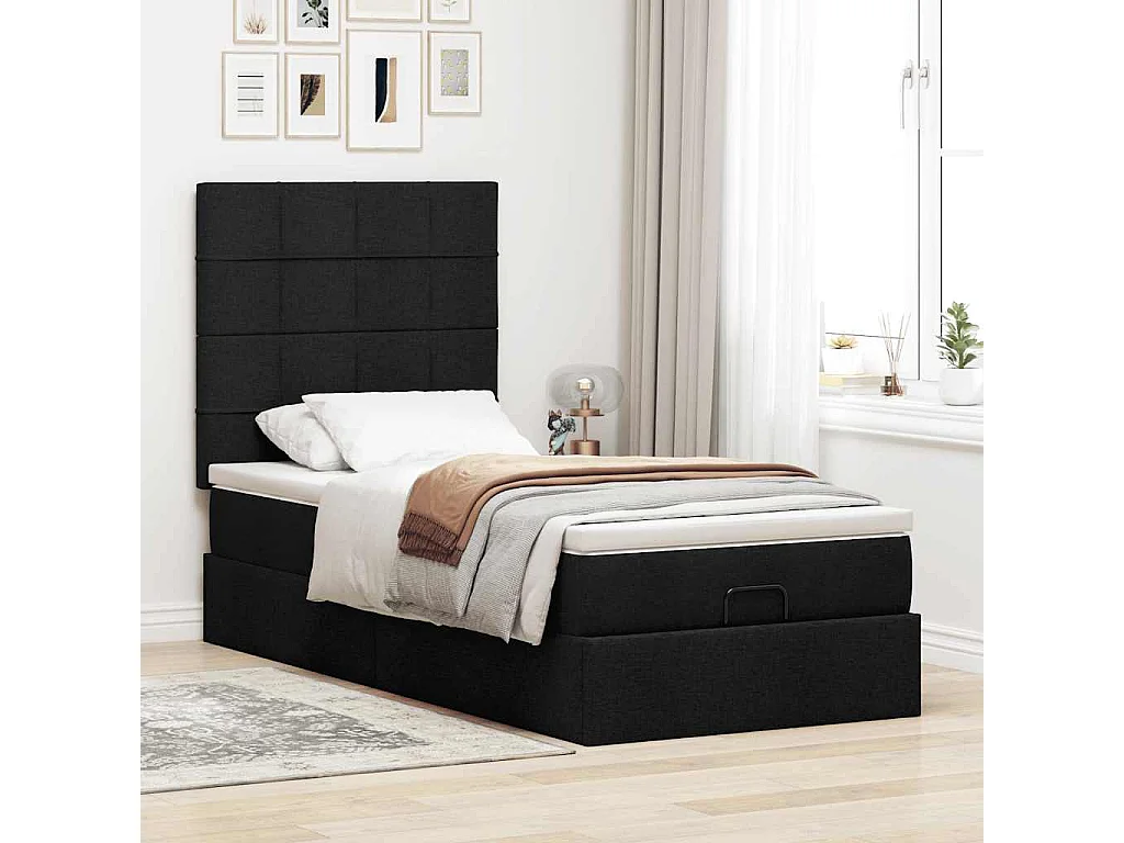 Cama otomana con colchón y luces LED tela negra 80x200cm