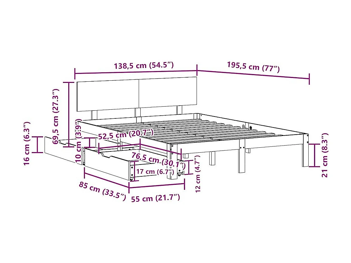 Cadre de lit avec tiroirs sans matelas blanc 135x190 cm