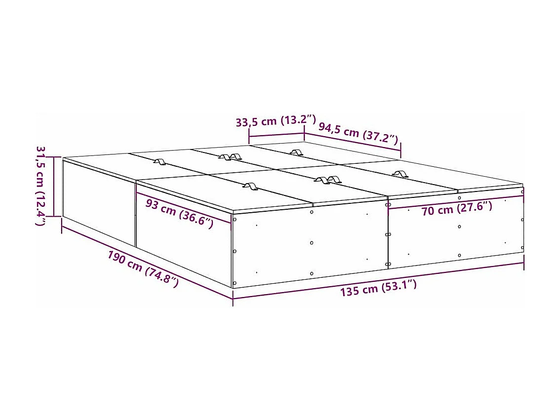 Cama con almacenamiento Roble artesanal 135 x 190 cm