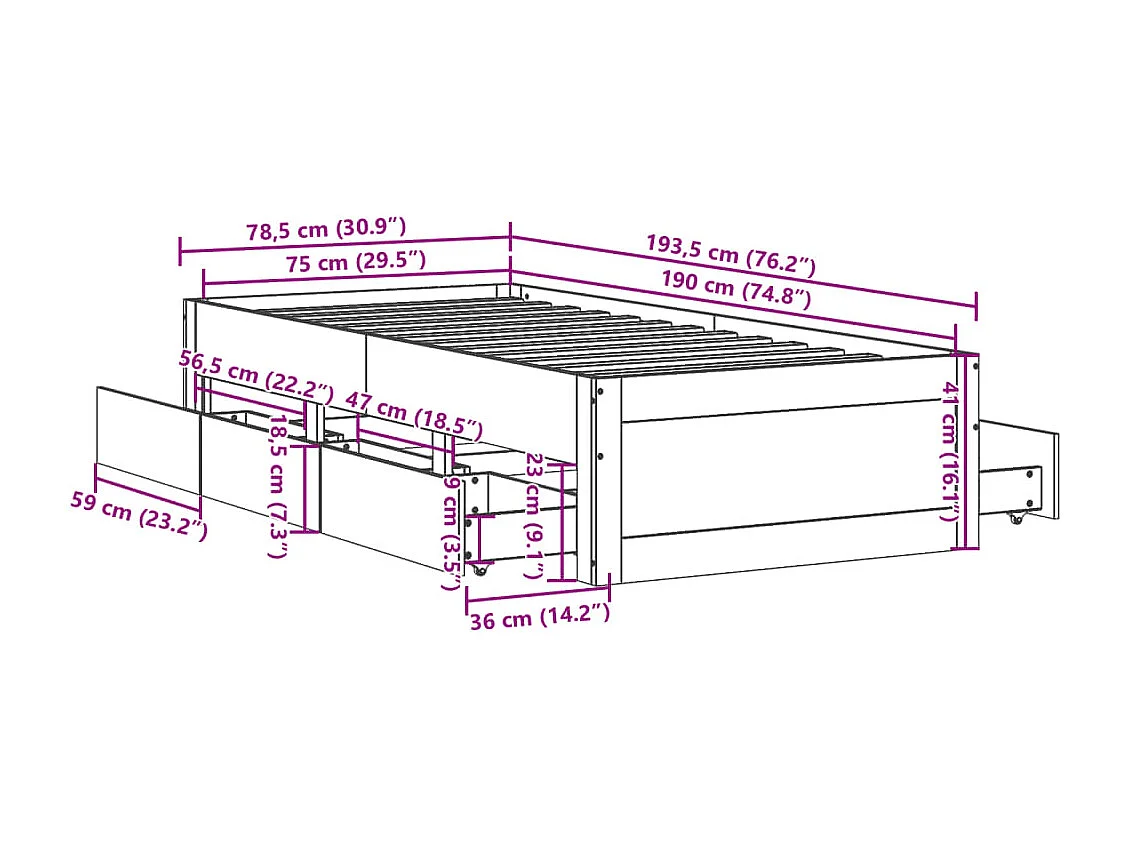 Cadre de lit sans matelas avec tiroirs 75x190 cm bois de pin