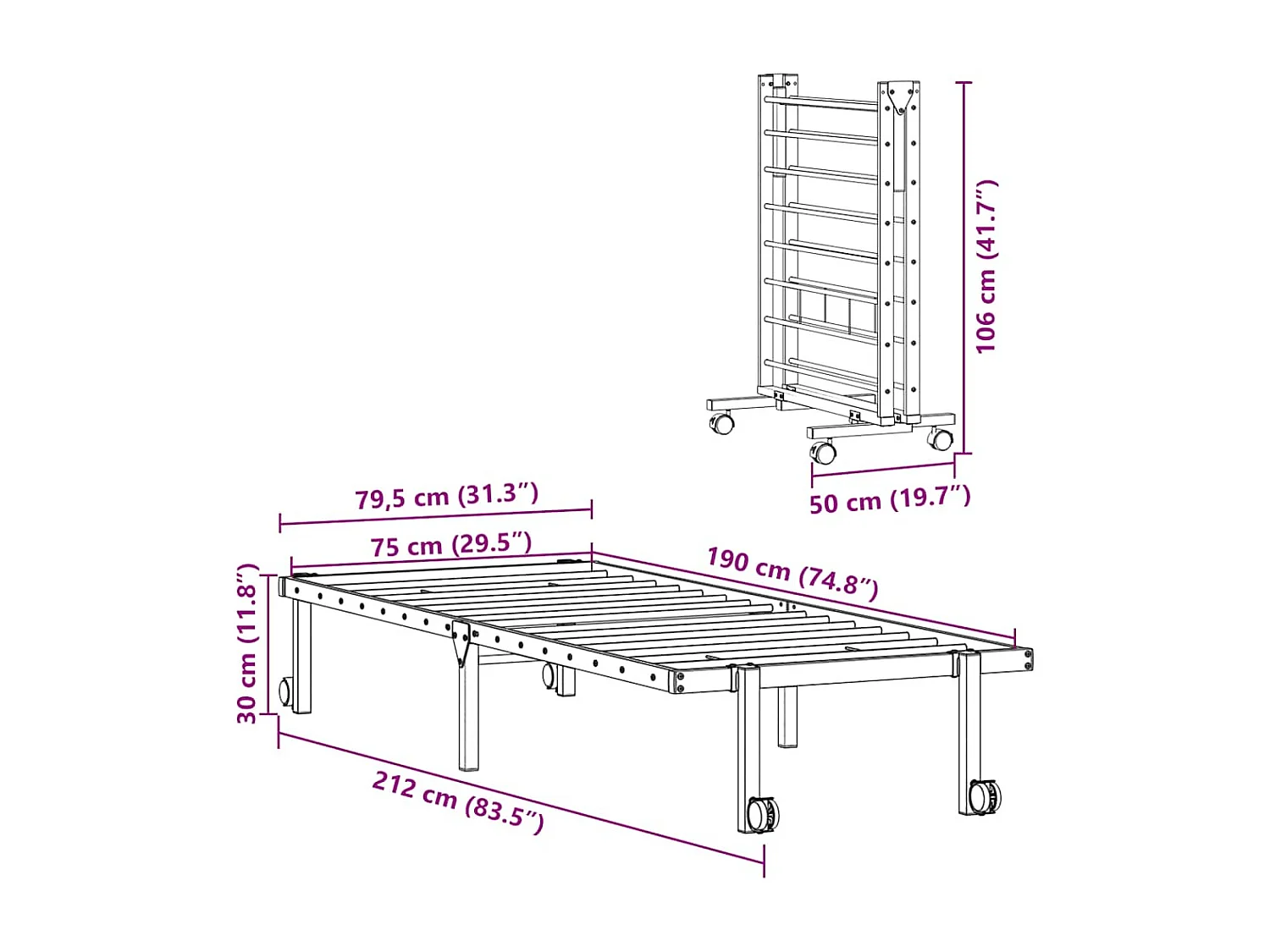 Cadre de lit sans matelas pliable noir 75x190 cm acier