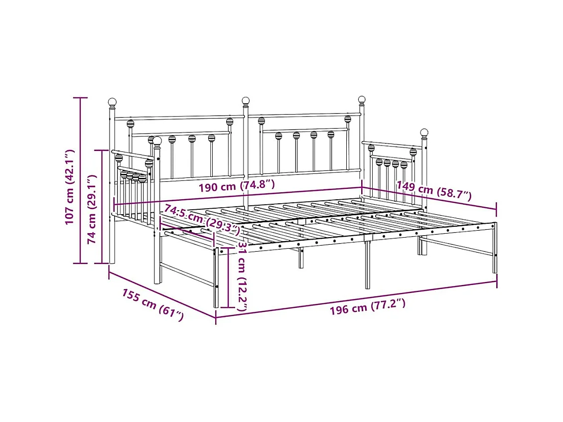 Cadre de lit de jour avec tête de lit Blanc 75 x 190 cm Acier