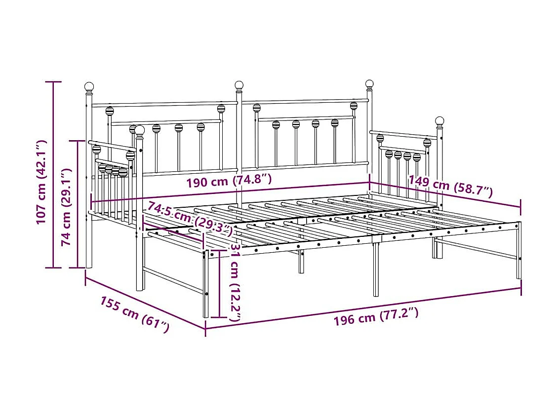 Cadre de lit de jour Blanc 75 x 190 cm Acier
