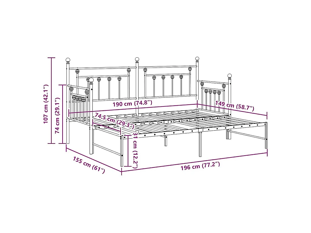 Bedframe voor een daybed Wit 75 x 190 cm Staal