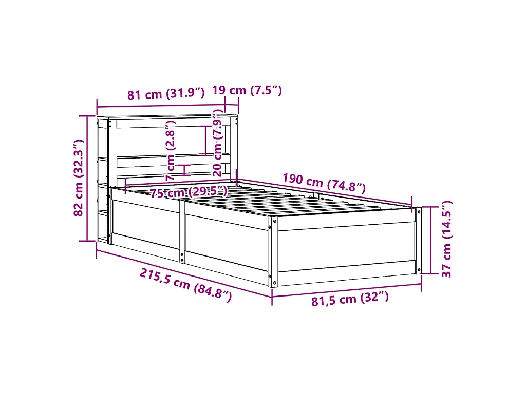 Estrutura cama c/ cabeceira 75x190 cm pinho maciço