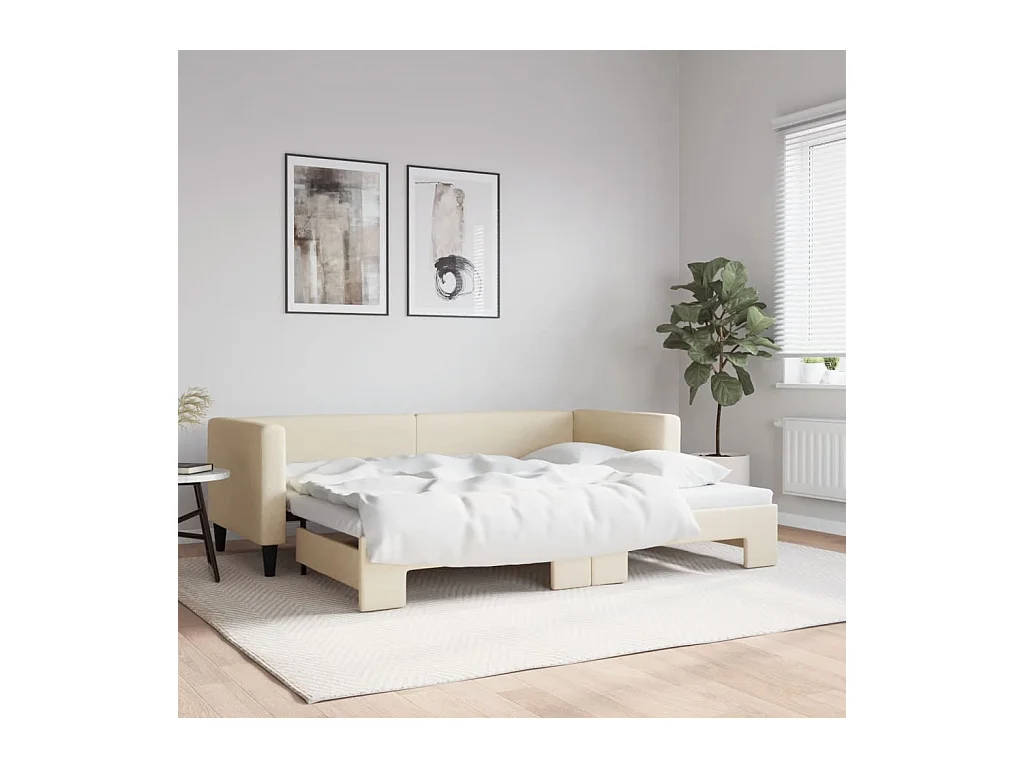 Slaapbank met onderschuifbed 80x200 cm stof crèmekleurig