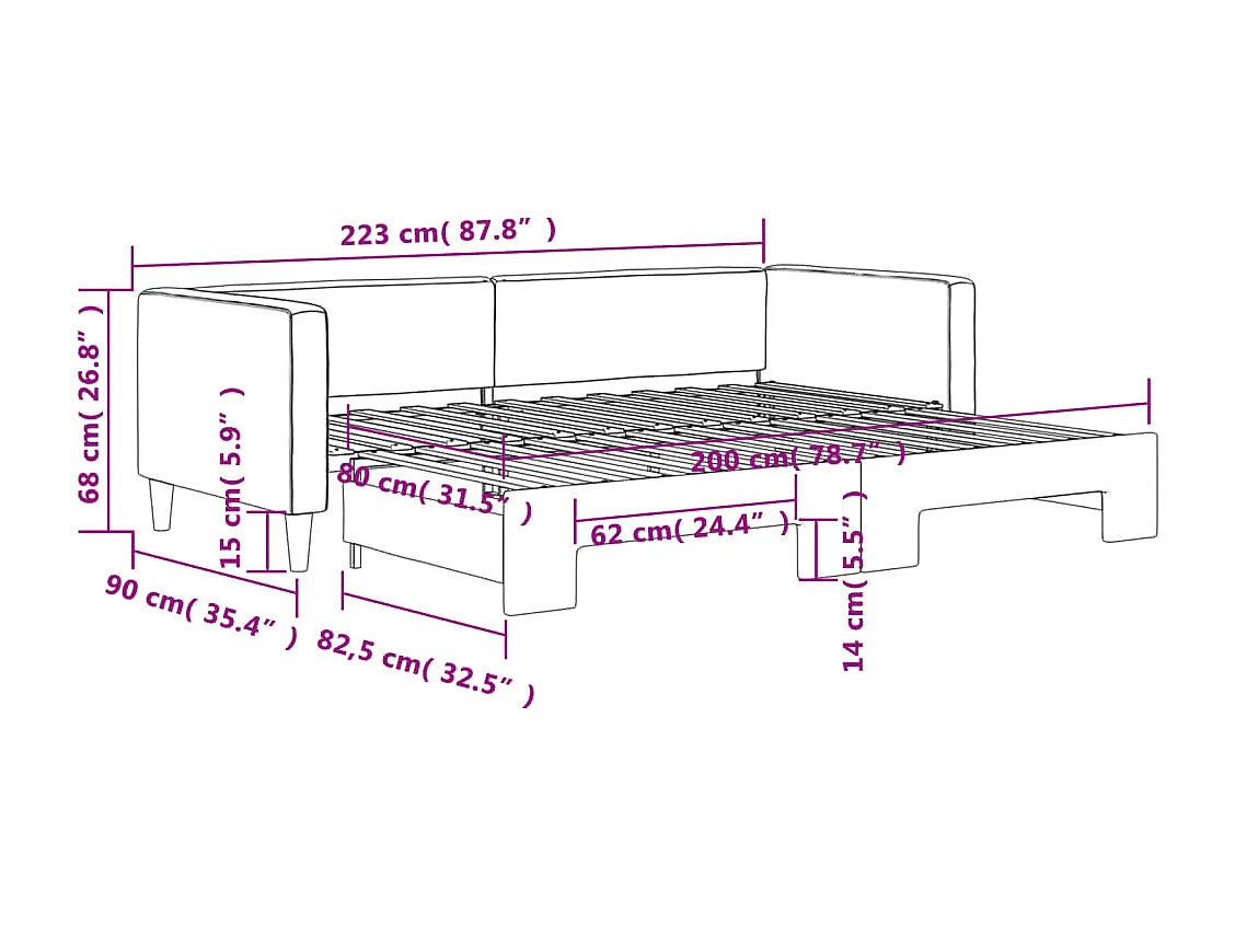 Lit de jour avec gigogne sans matelas crème 80x200 cm