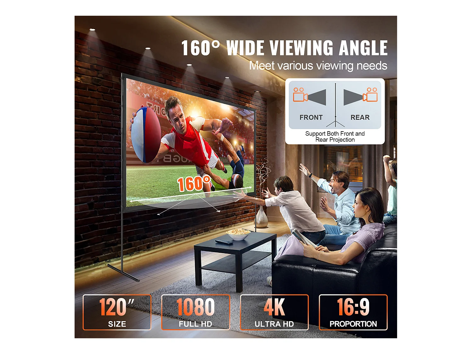 Écran de Projection SucceBuy sur Pied Portable, 305 cm, 16:9 HD Double Face Anti-Plis Grand Angle de Vision, pour Vidéoprojecteurs Cinéma Maison