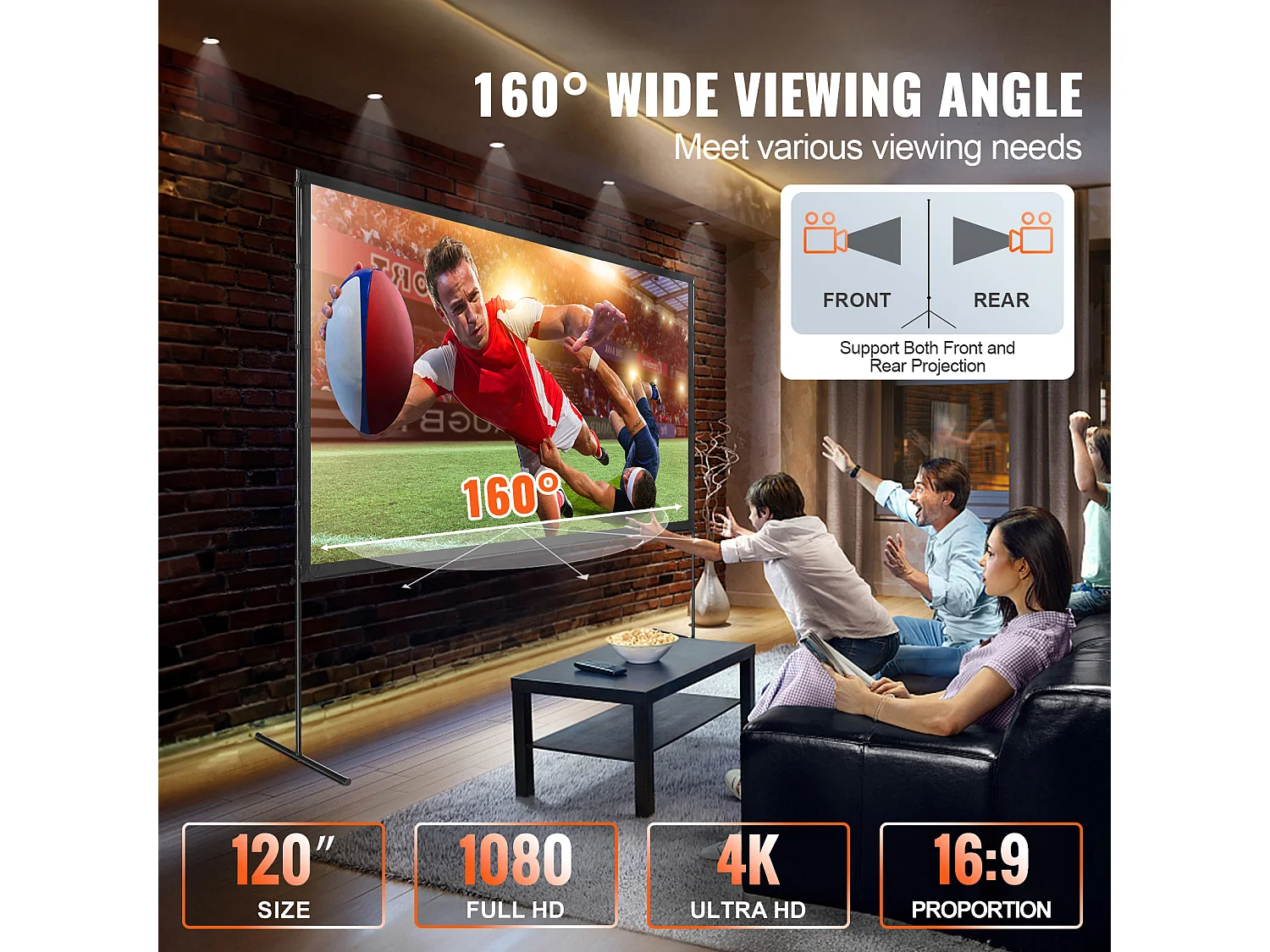 Écran de Projection SucceBuy sur Pied Portable, 305 cm, 16:9 HD Double Face Anti-Plis Grand Angle de Vision, pour Vidéoprojecteurs Cinéma Maison
