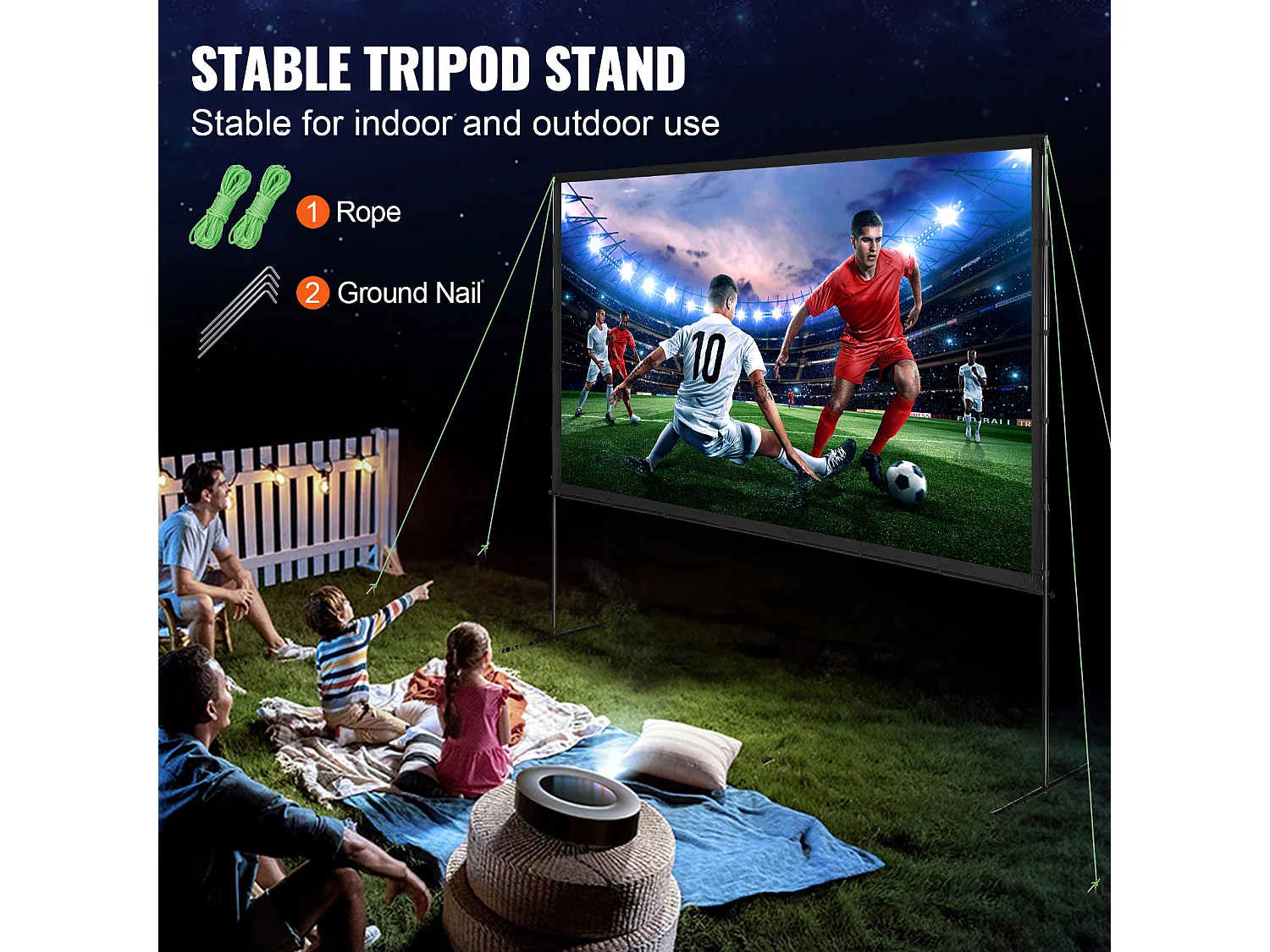 Écran de Projection SucceBuy sur Pied Portable, 305 cm, 16:9 HD Double Face Anti-Plis Grand Angle de Vision, pour Vidéoprojecteurs Cinéma Maison