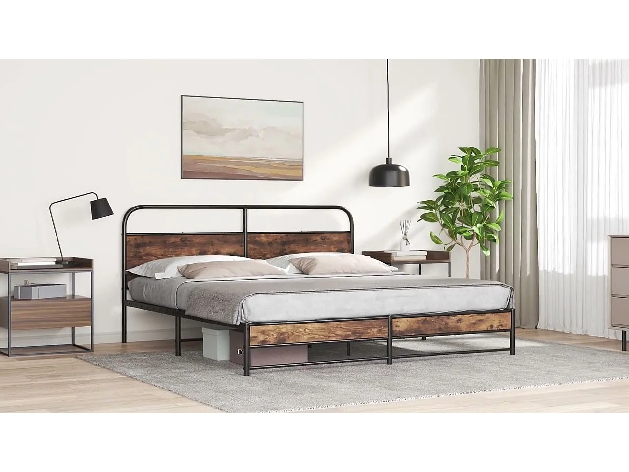 Estrutura de cama s/ colchão derivados madeira carvalho fumado