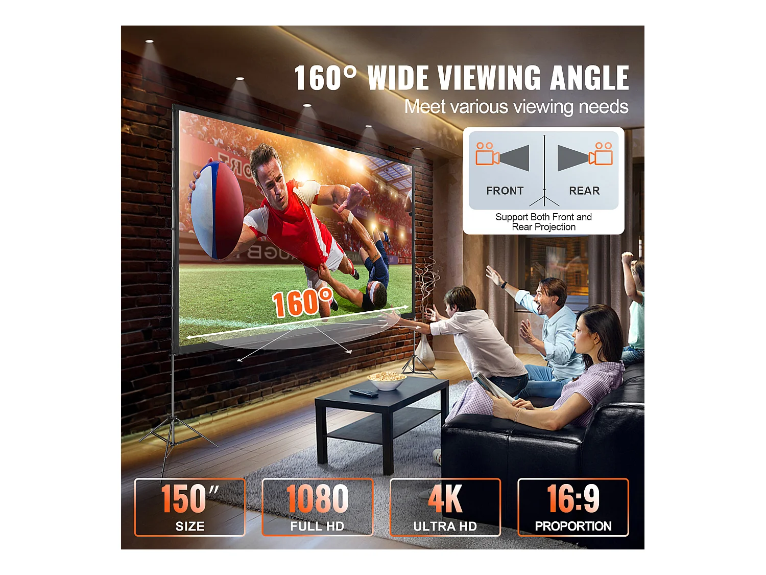 Écran de Projection SucceBuy sur Pied Portable, 381 cm, 16:9 HD Double Face Anti-Plis Grand Angle de Vision, pour Vidéoprojecteurs Cinéma Maison