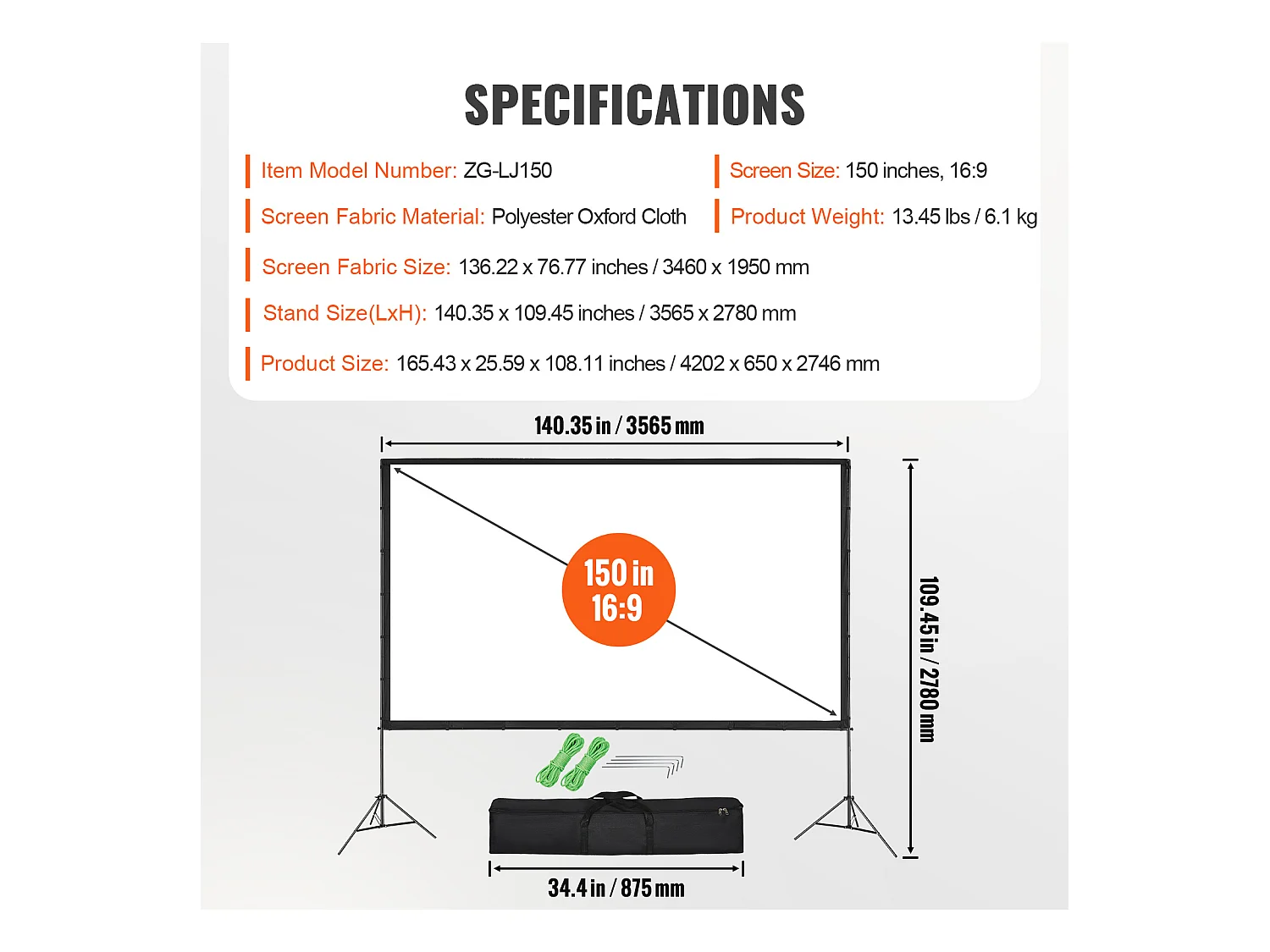 Portabler Projektionsbildschirm SucceBuy mit Ständer, 381 cm, 16:9 HD Doppelseitig Knickfest mit Großem Sichtwinkel, für Heimkino-Projektoren