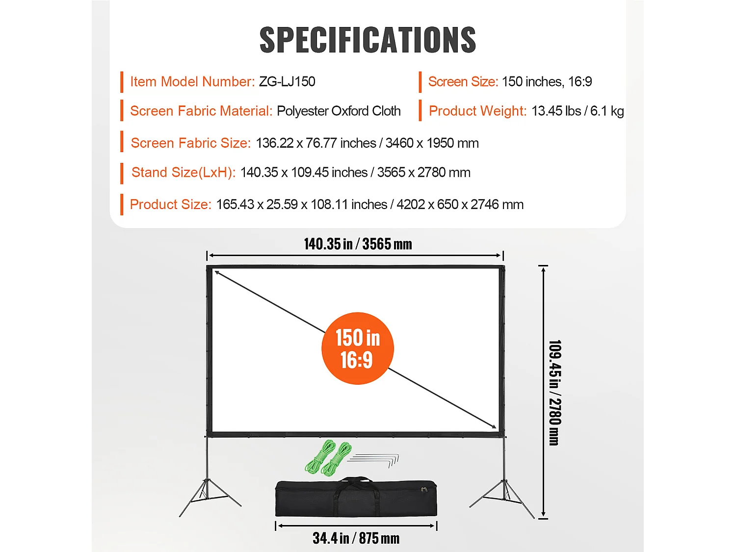 Écran de Projection SucceBuy sur Pied Portable, 381 cm, 16:9 HD Double Face Anti-Plis Grand Angle de Vision, pour Vidéoprojecteurs Cinéma Maison