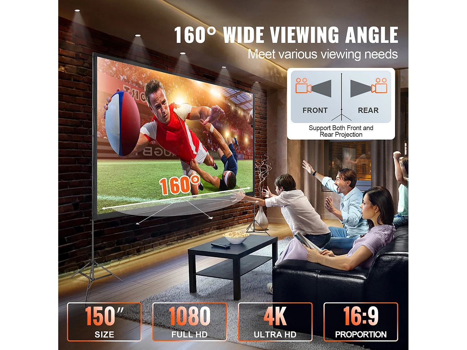 Écran de Projection SucceBuy sur Pied Portable, 381 cm, 16:9 HD Double Face Anti-Plis Grand Angle de Vision, pour Vidéoprojecteurs Cinéma Maison