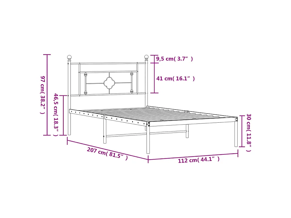 Cadre de lit métal sans matelas avec tête de lit noir 107x203cm