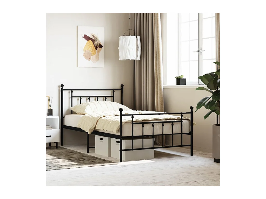 Cadre de lit métal sans matelas avec pied de lit noir 107x203cm
