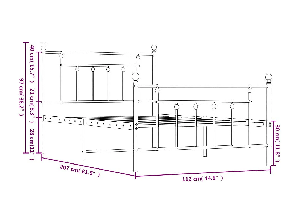 Cadre de lit métal sans matelas avec pied de lit noir 107x203cm