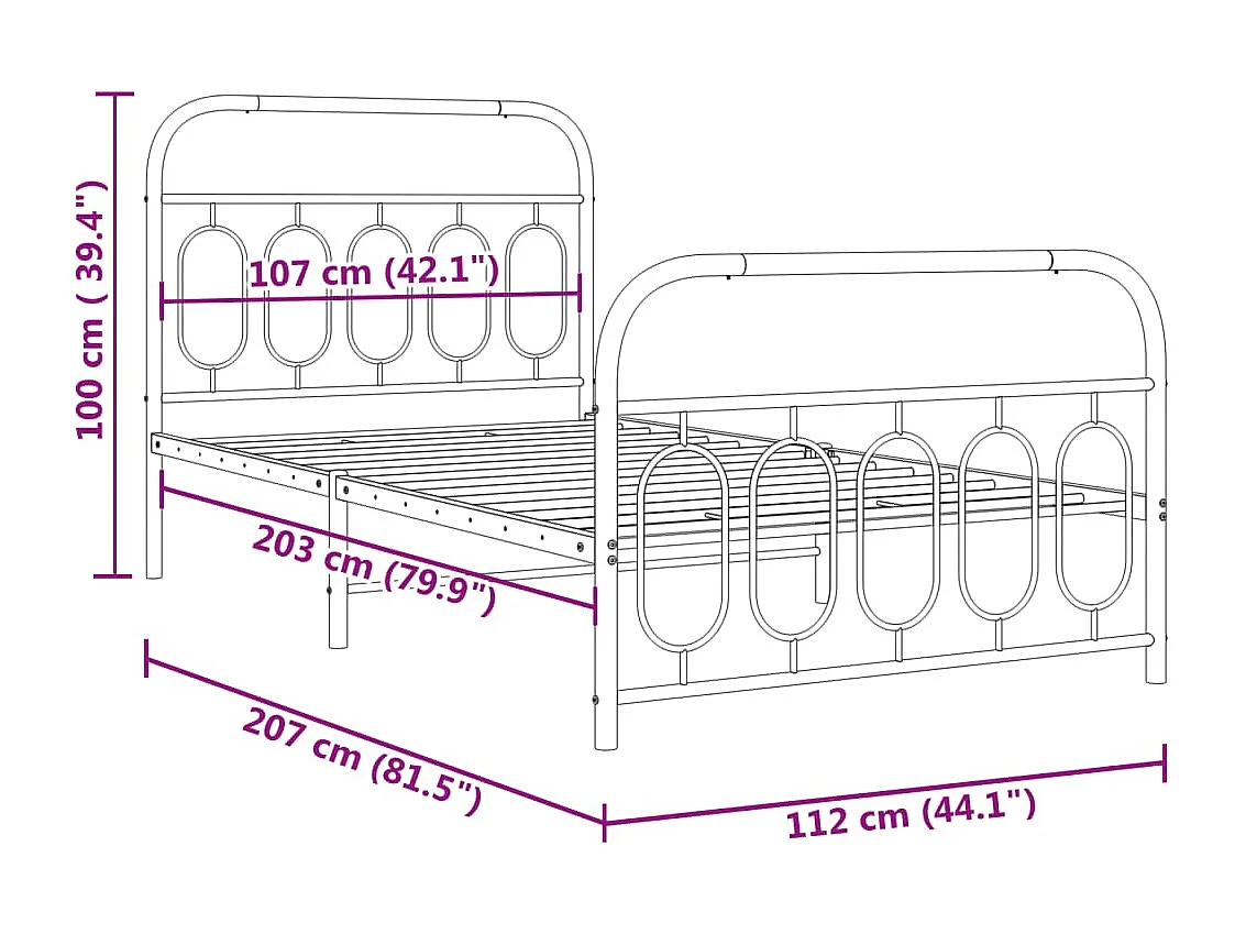 Estrutura de cama com cabeceira e pés 107x203 cm metal preto