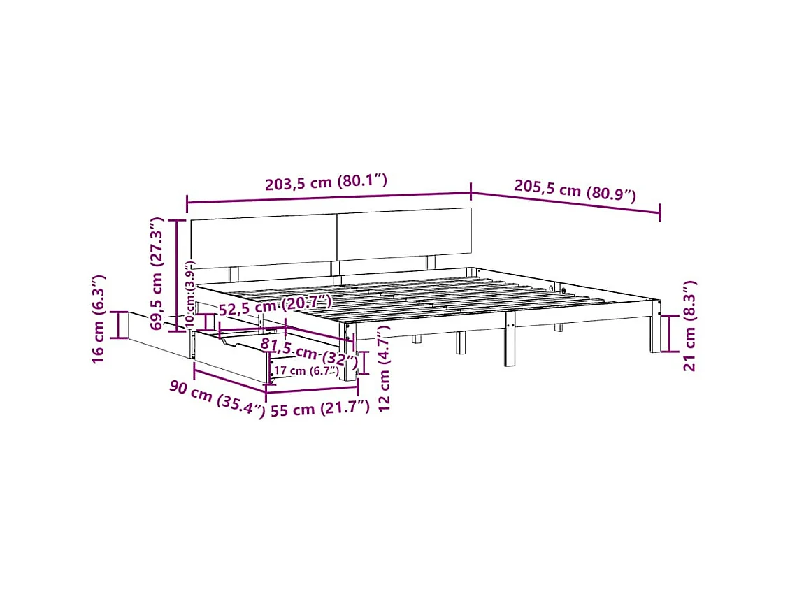 Cadre de lit avec tiroirs sans matelas blanc 200x200 cm