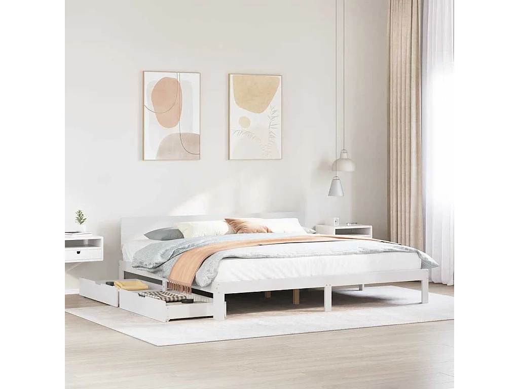 Cadre de lit avec tiroirs sans matelas blanc 200x200 cm