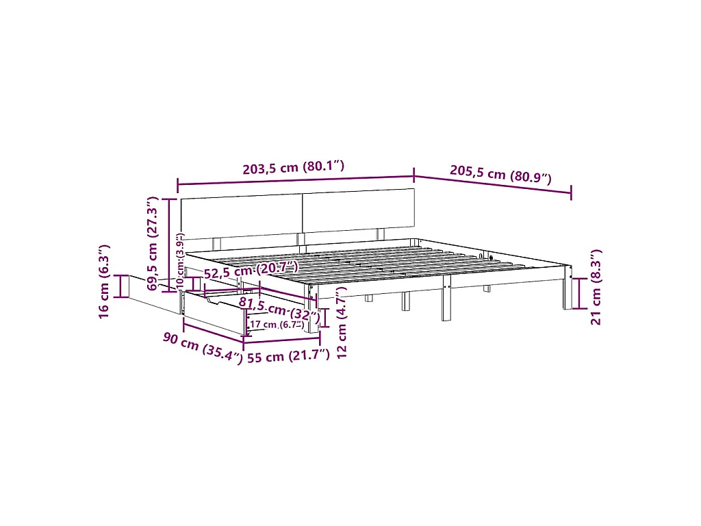 Cadre de lit avec tiroirs sans matelas blanc 200x200 cm