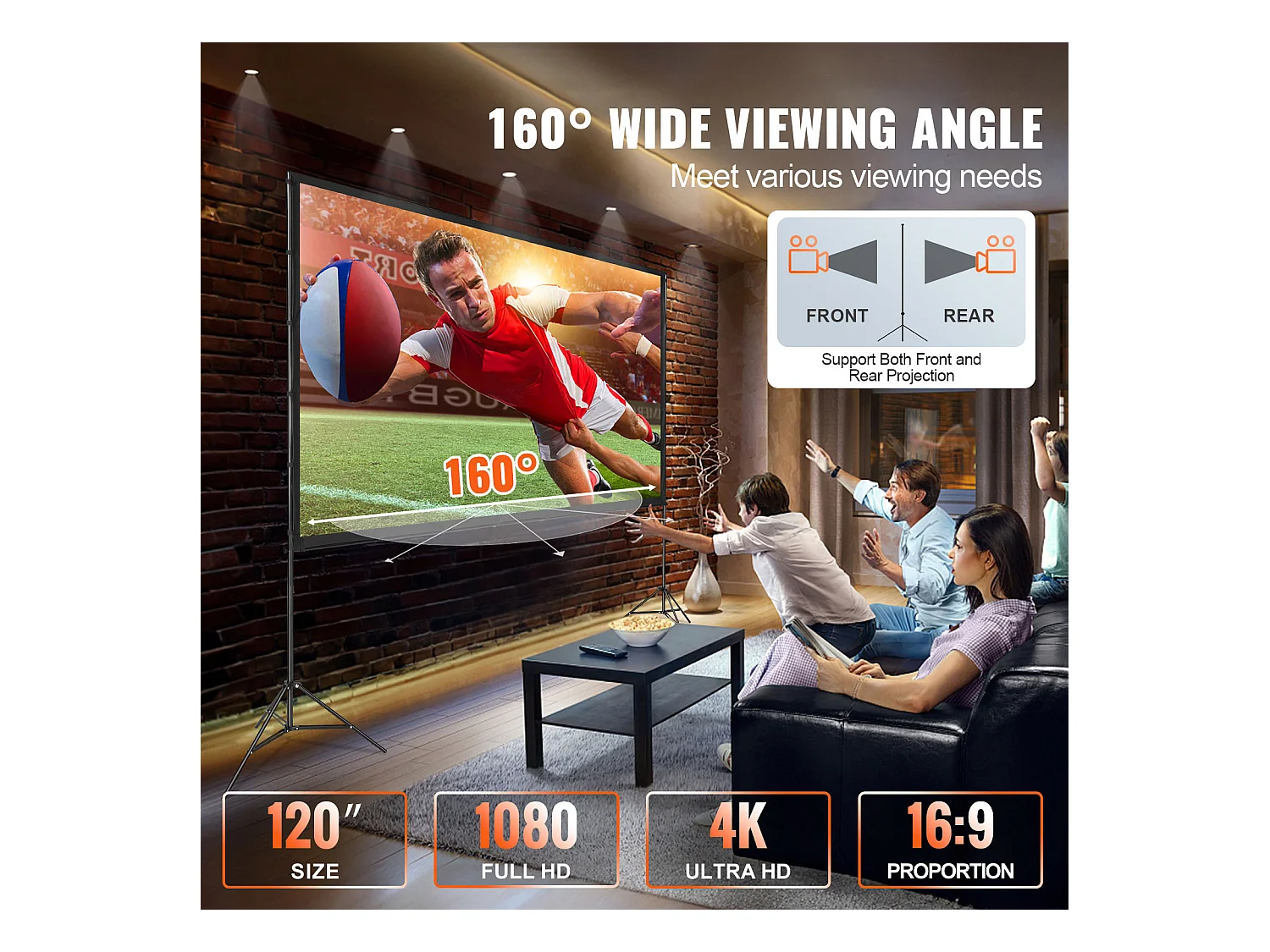 Écran de Projection SucceBuy sur Pied Portable, 305 cm, 16:9 HD Double Face Anti-Plis Grand Angle de Vision, pour Vidéoprojecteurs Cinéma Maison