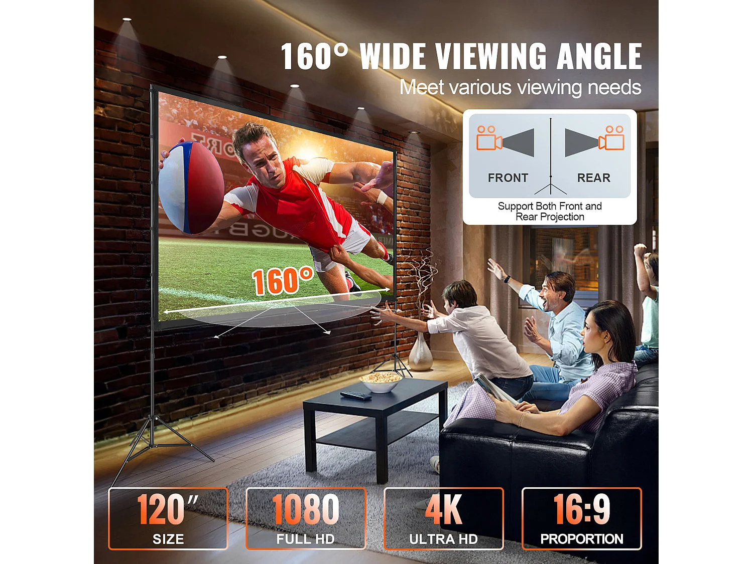 Écran de Projection SucceBuy sur Pied Portable, 305 cm, 16:9 HD Double Face Anti-Plis Grand Angle de Vision, pour Vidéoprojecteurs Cinéma Maison