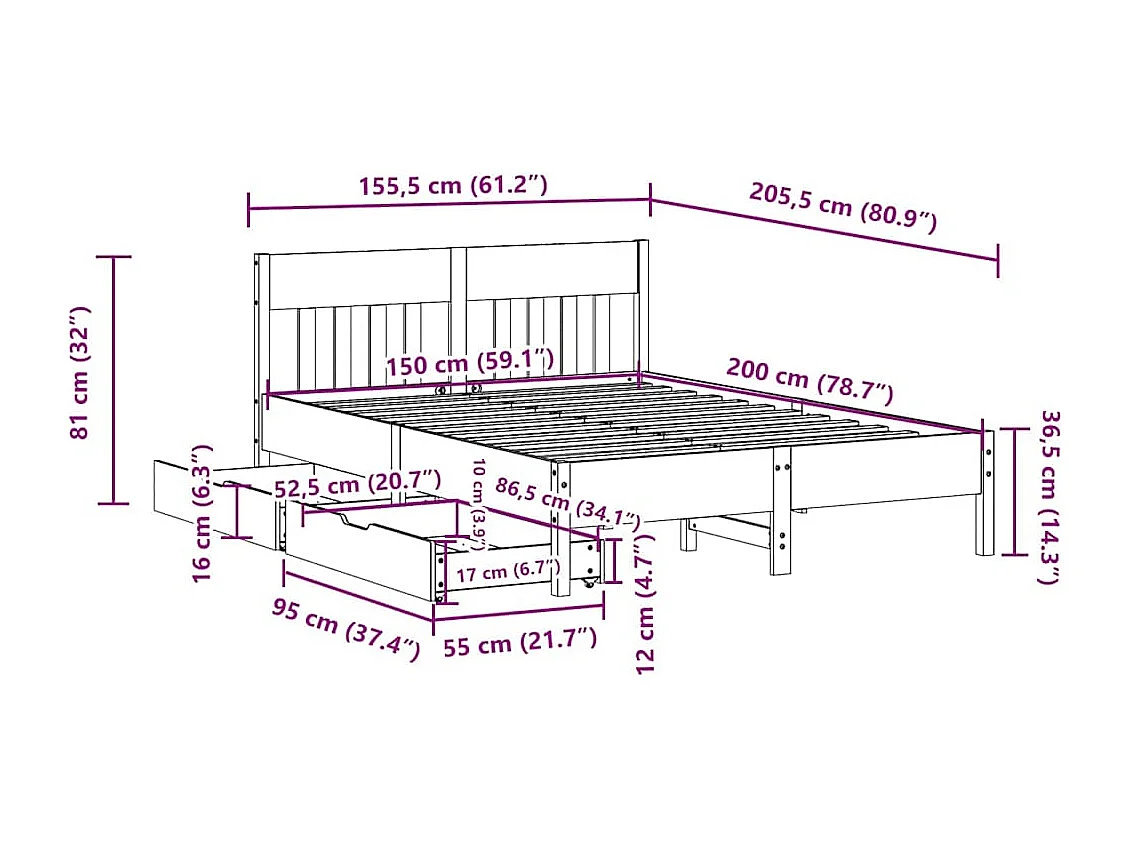 Cadre de lit sans matelas blanc 150x200 cm bois de pin massif