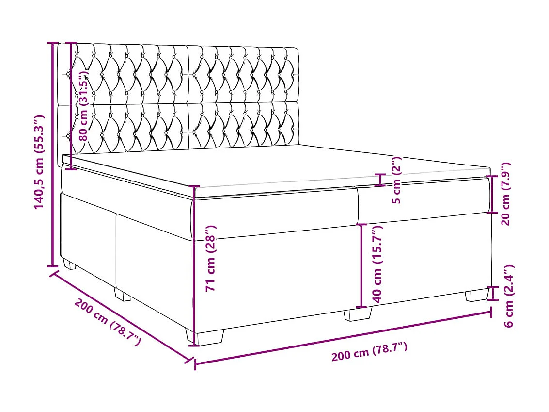 Cama box spring con colchón tela azul 200x200 cm