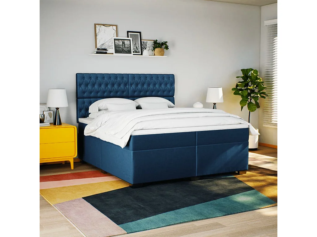 Cama box spring con colchón tela azul 200x200 cm