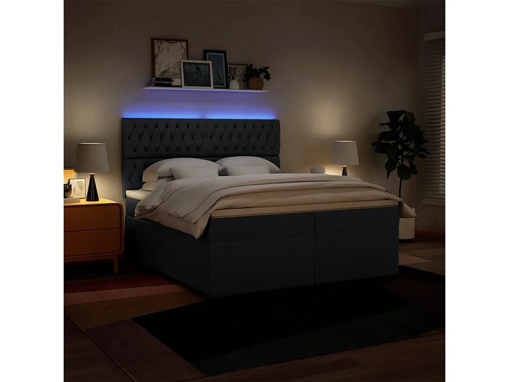 Cama box spring con colchón tela azul 200x200 cm