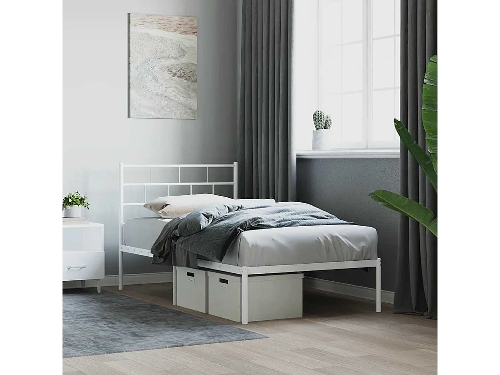 Cadre de lit métal sans matelas et tête de lit blanc 107x203 cm
