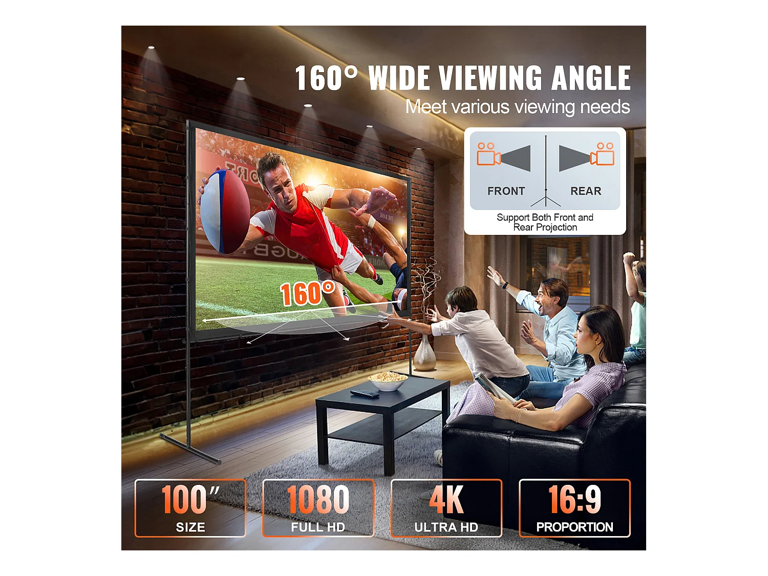 Écran de Projection SucceBuy sur Pied Portable, 254 cm, 16:9 HD Double Face Anti-Plis Grand Angle de Vision, pour Vidéoprojecteurs Cinéma Maison