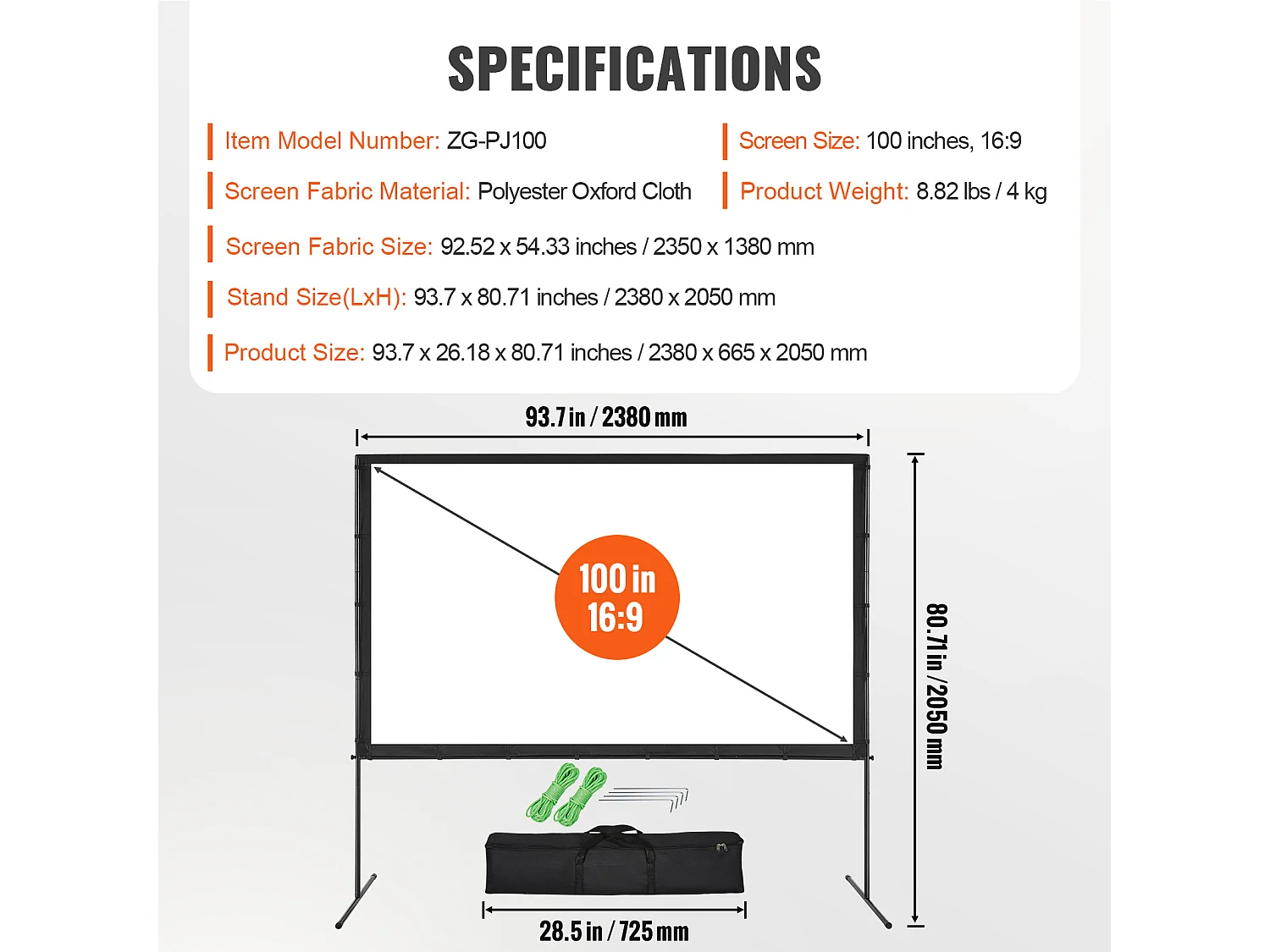 Écran de Projection SucceBuy sur Pied Portable, 254 cm, 16:9 HD Double Face Anti-Plis Grand Angle de Vision, pour Vidéoprojecteurs Cinéma Maison