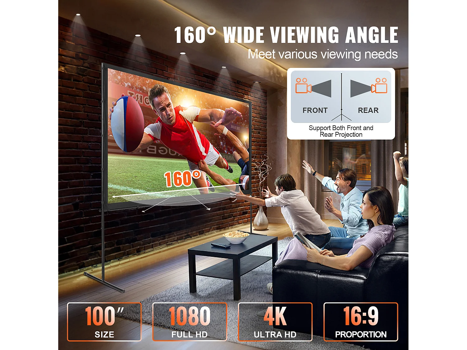 Écran de Projection SucceBuy sur Pied Portable, 254 cm, 16:9 HD Double Face Anti-Plis Grand Angle de Vision, pour Vidéoprojecteurs Cinéma Maison
