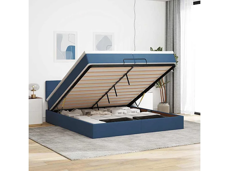 Struttura Letto Pouf con Materassi Blu 200x200 cm in Tessuto