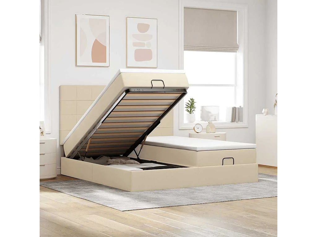 Ottoman bed met matrassen en LED's 200x200cm stof crèmekleurig