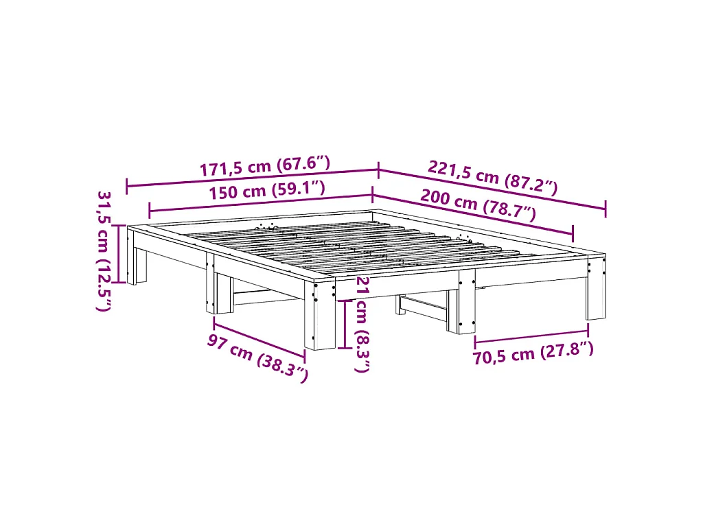 Bedframe zonder matras massief grenenhout wit 150x200 cm