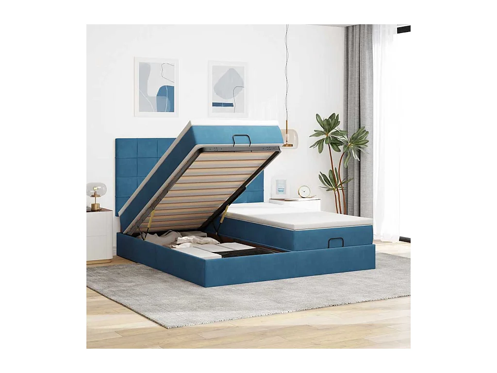 Cadre de lit ottoman avec matelas bleu foncé 200x200 cm velours