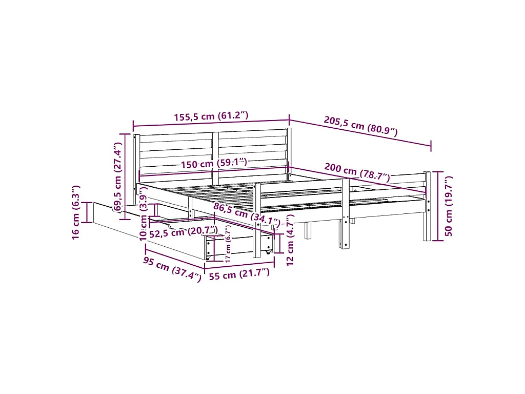 Letto senza Materasso Bianco 150x200 cm Legno Massello di Pino