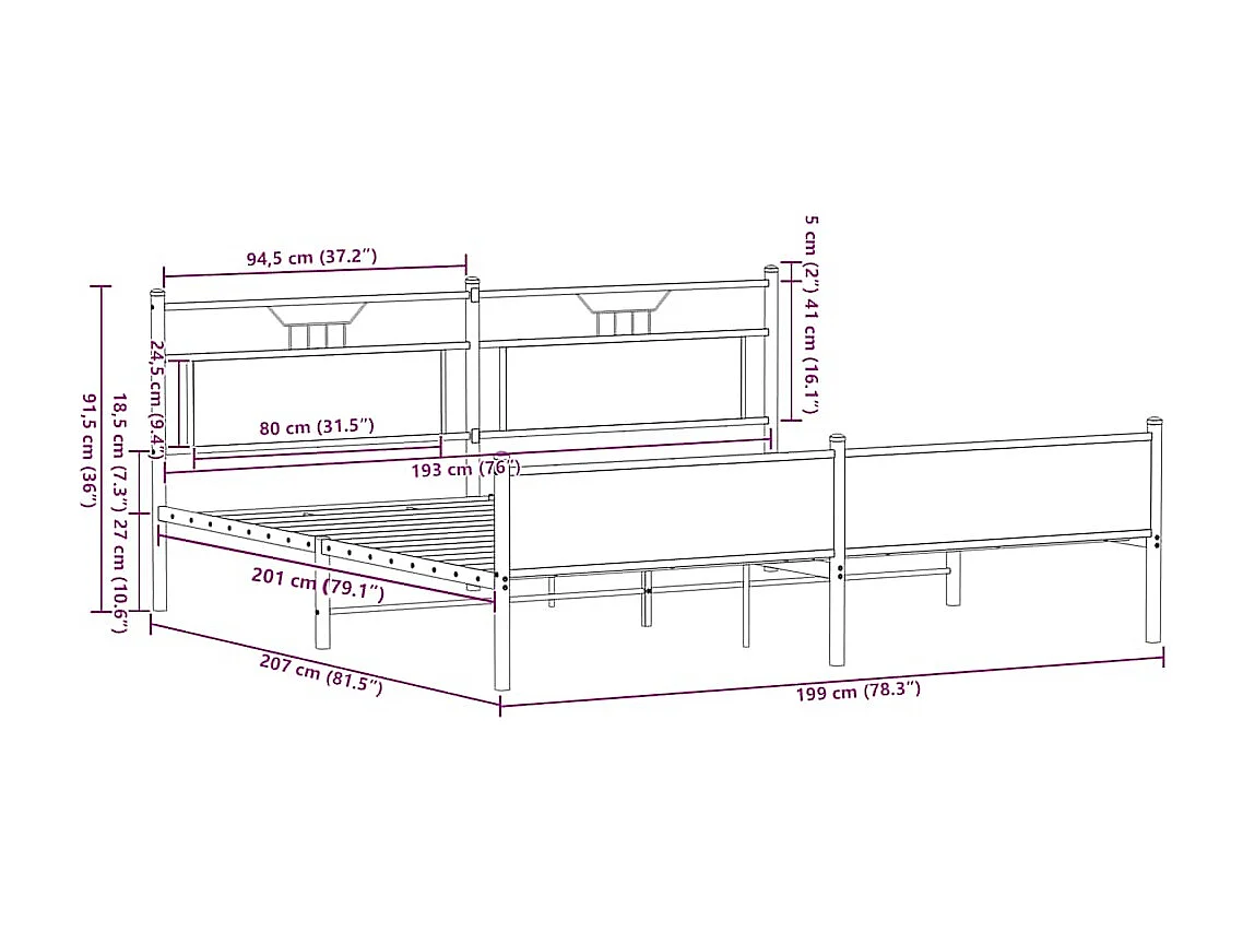 Metallbett ohne Matratze Räuchereiche 193x201 cm