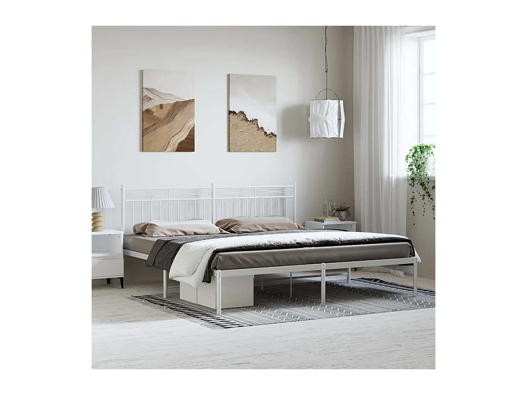 Cadre de lit métal sans matelas et tête de lit blanc 193x203 cm
