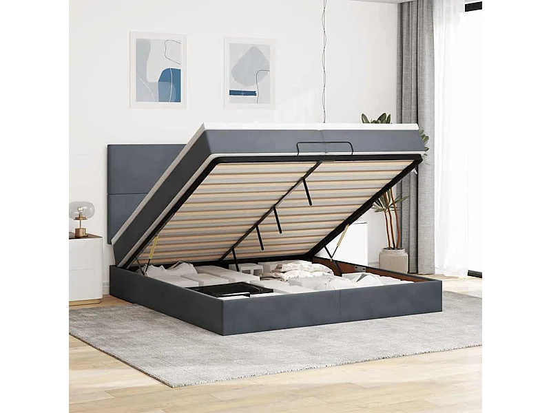 Estructura cama otomana colchones terciopelo gris oscuro