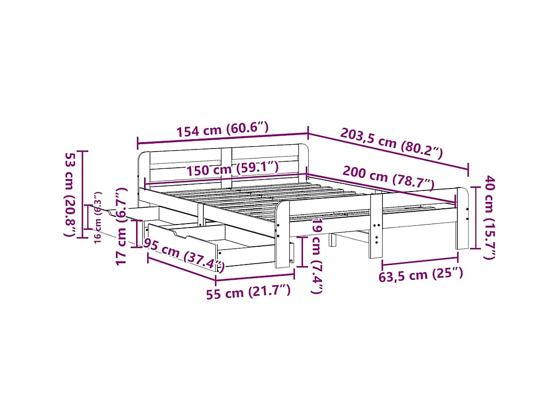Cadre de lit sans matelas blanc 150x200 cm bois de pin massif