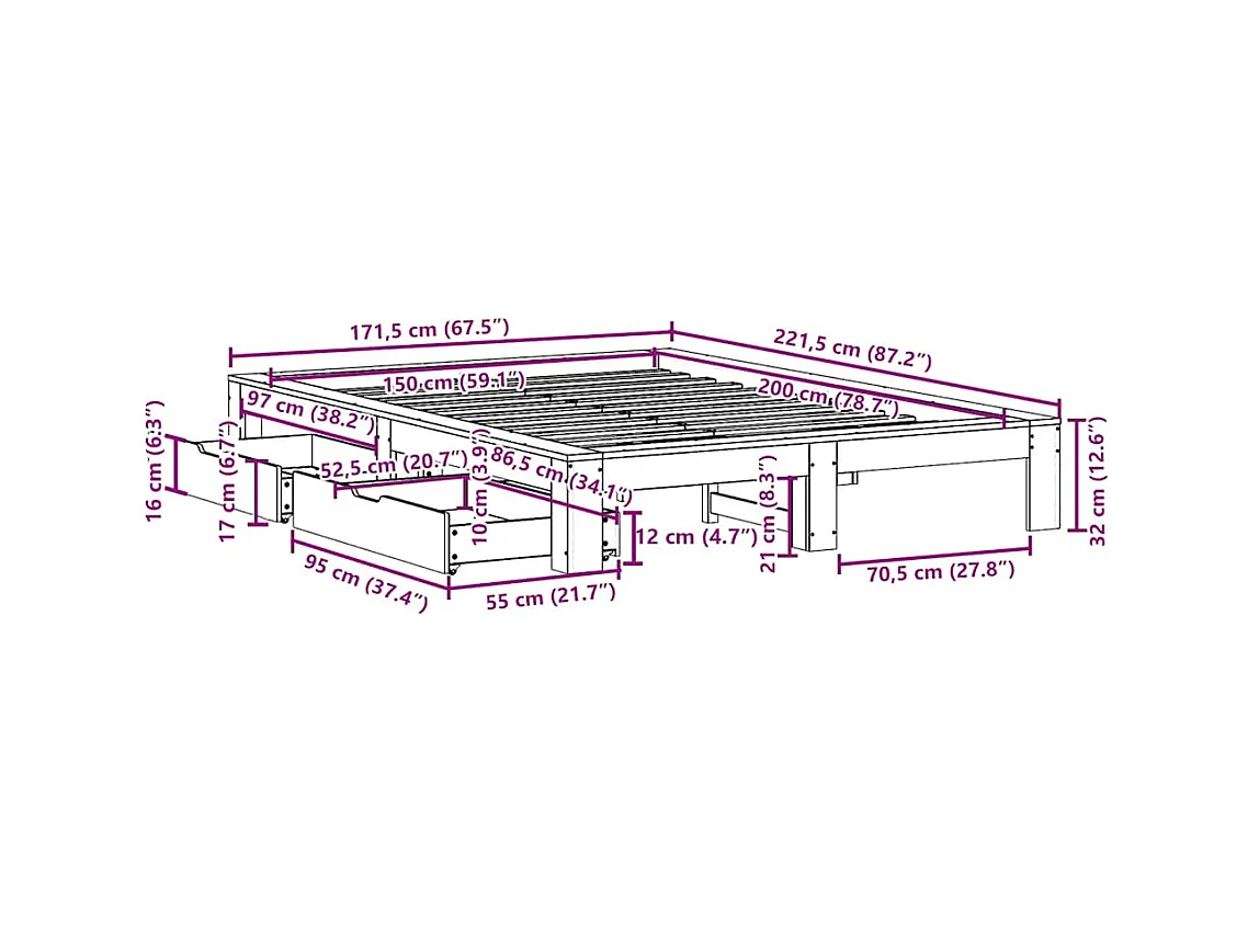 Cadre de lit sans matelas blanc 150x200 cm bois de pin massif