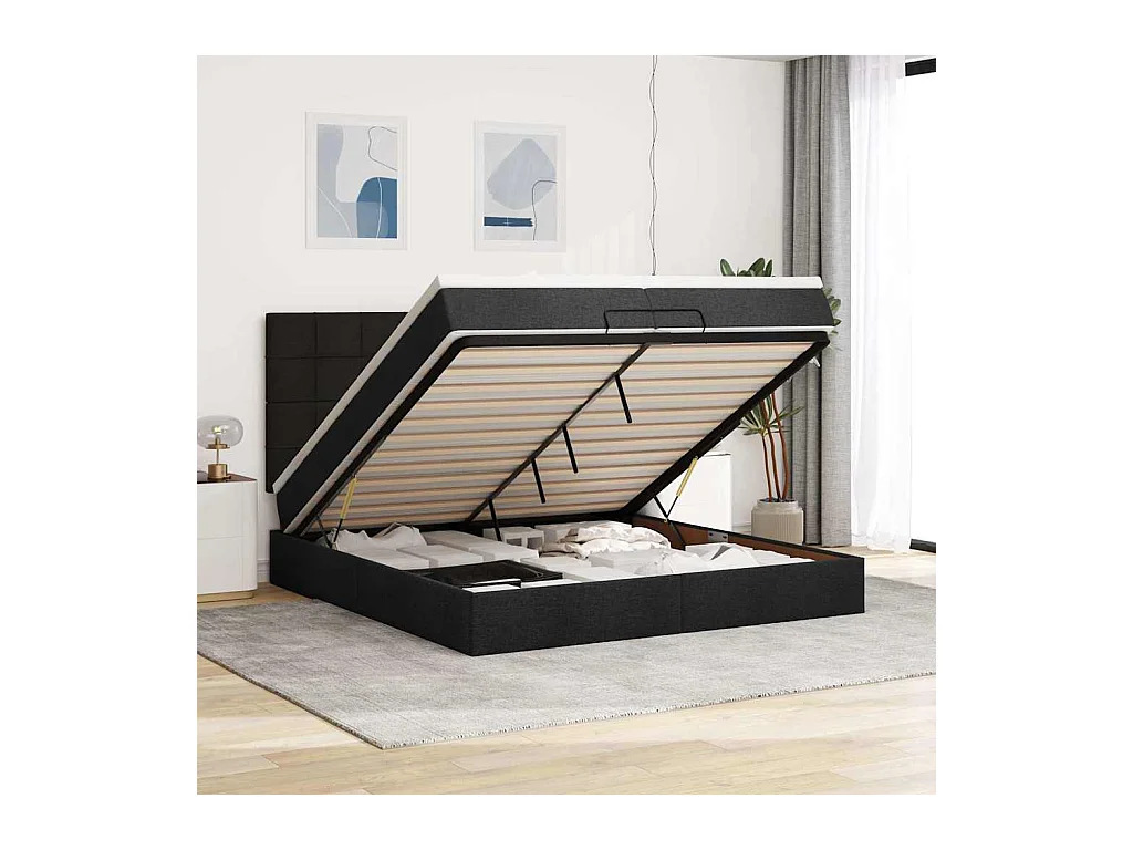 Struttura Letto Pouf con Materassi Nero 200x200 cm in Tessuto