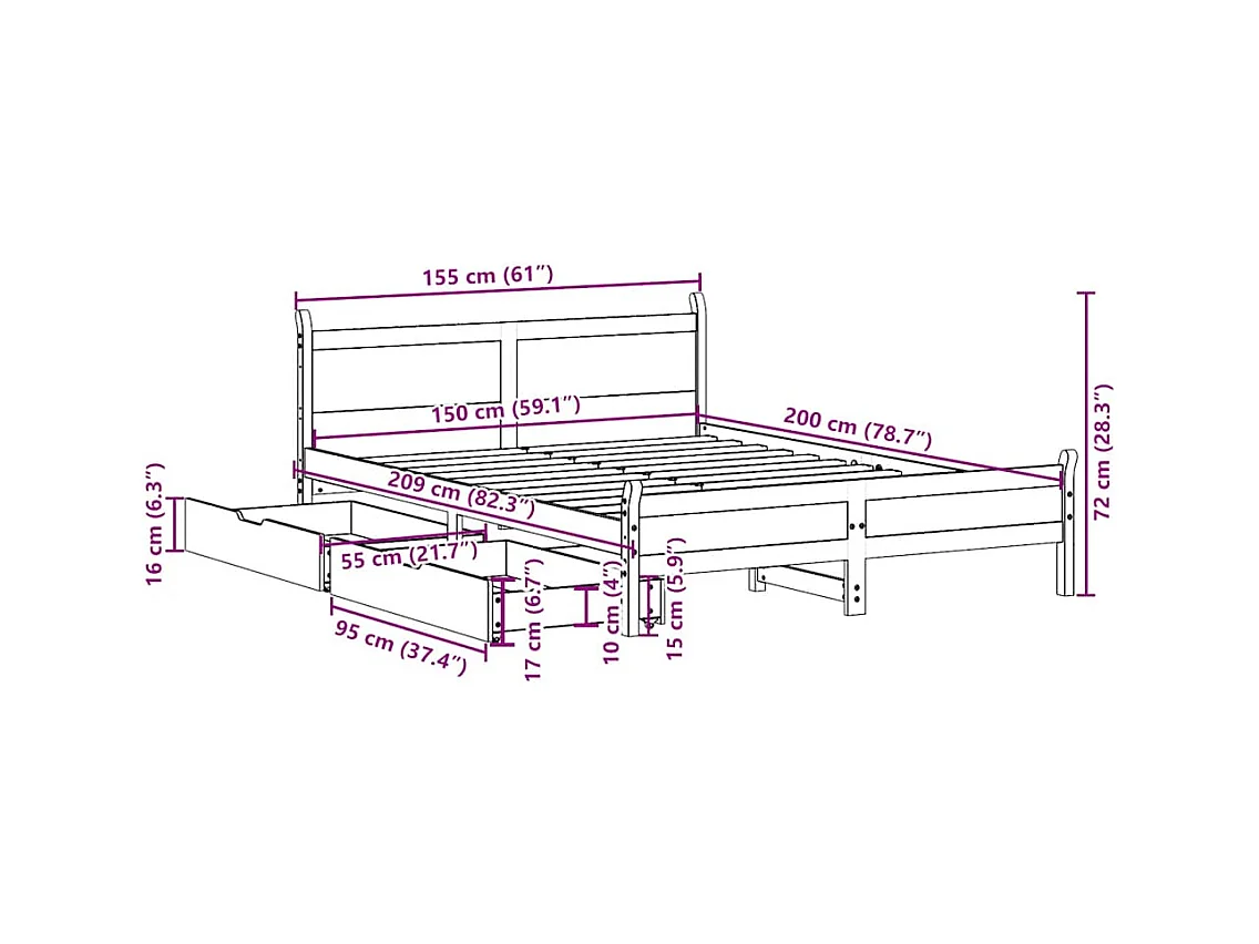 Cadre de lit sans matelas 150x200 cm bois de pin massif