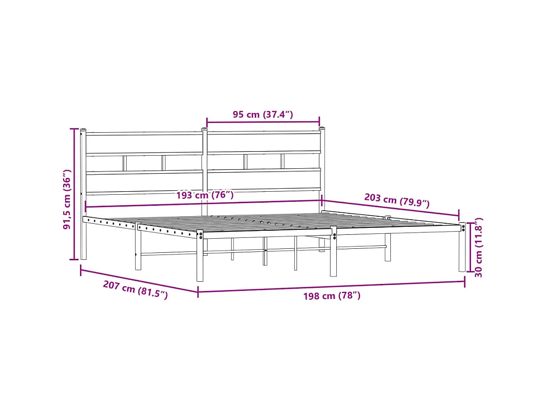 Metallbett ohne Matratze Sonoma-Eiche 193x203 cm